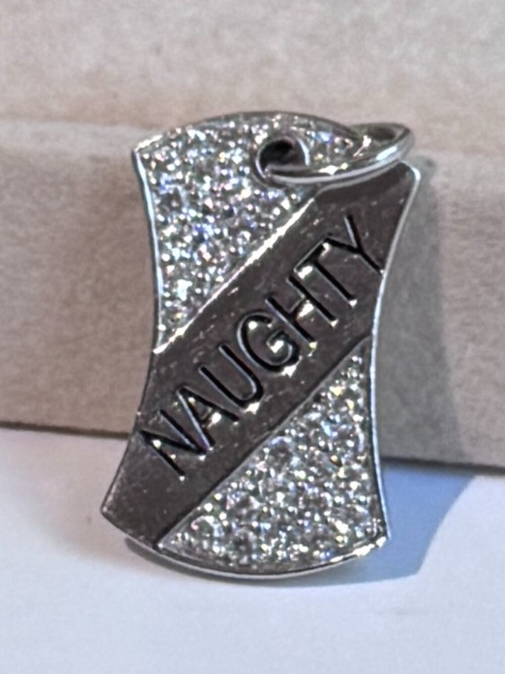 🇫🇷✨ .925 Sterling Silver “Naughty” Pavé Crystal Dog Tag Charm ✨ 🇫🇷